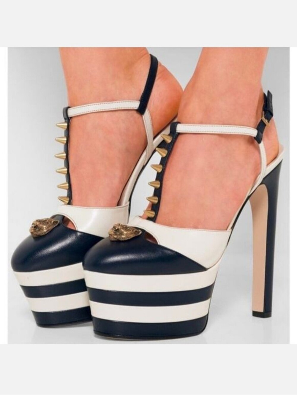 Gucci Navy Blue White Strappy Platform Pumps Mary Jane High Heels Tiger IT 37 7